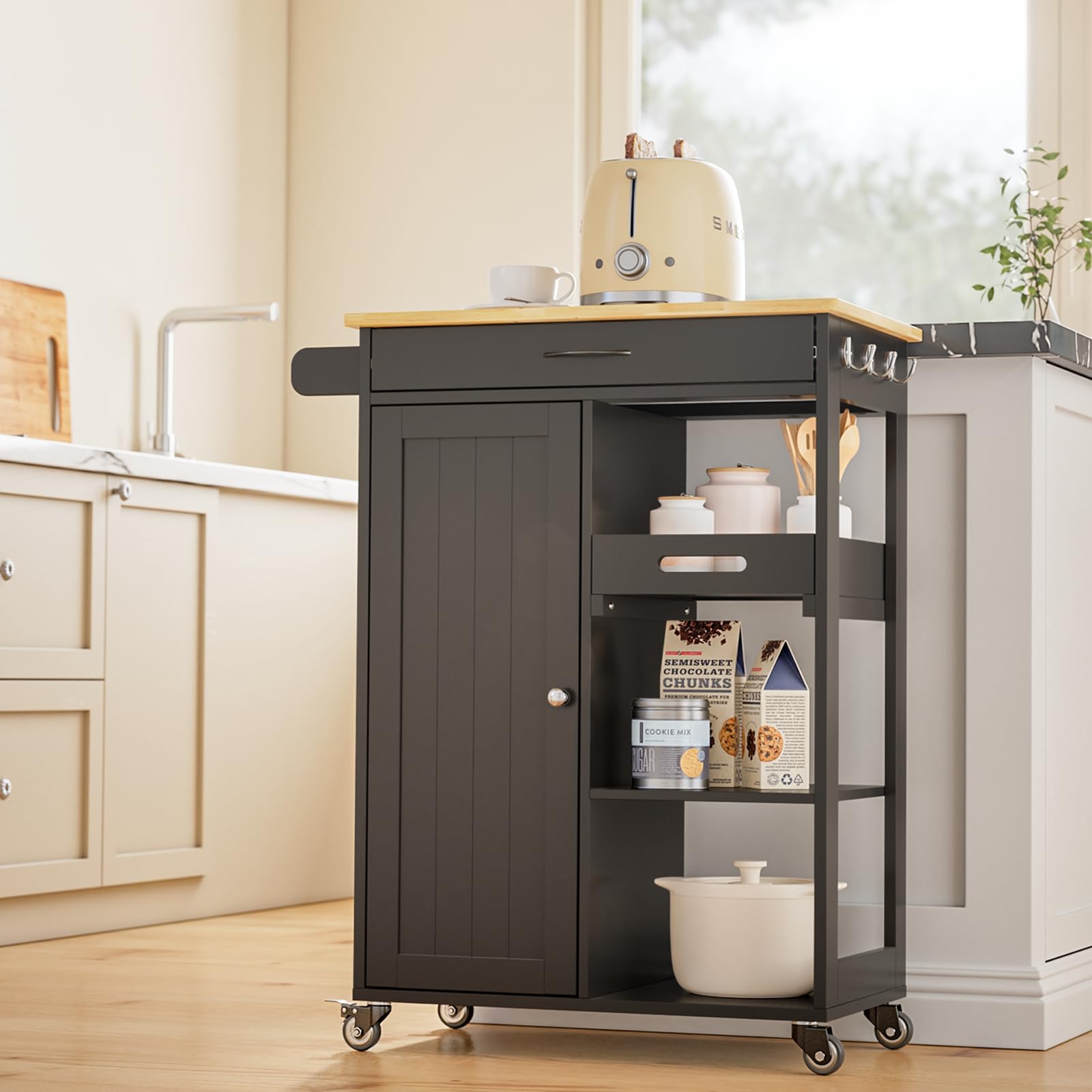 Kitchen Island Cart with Solid Wood Top, Rolling Serving Utility Trolley Cart