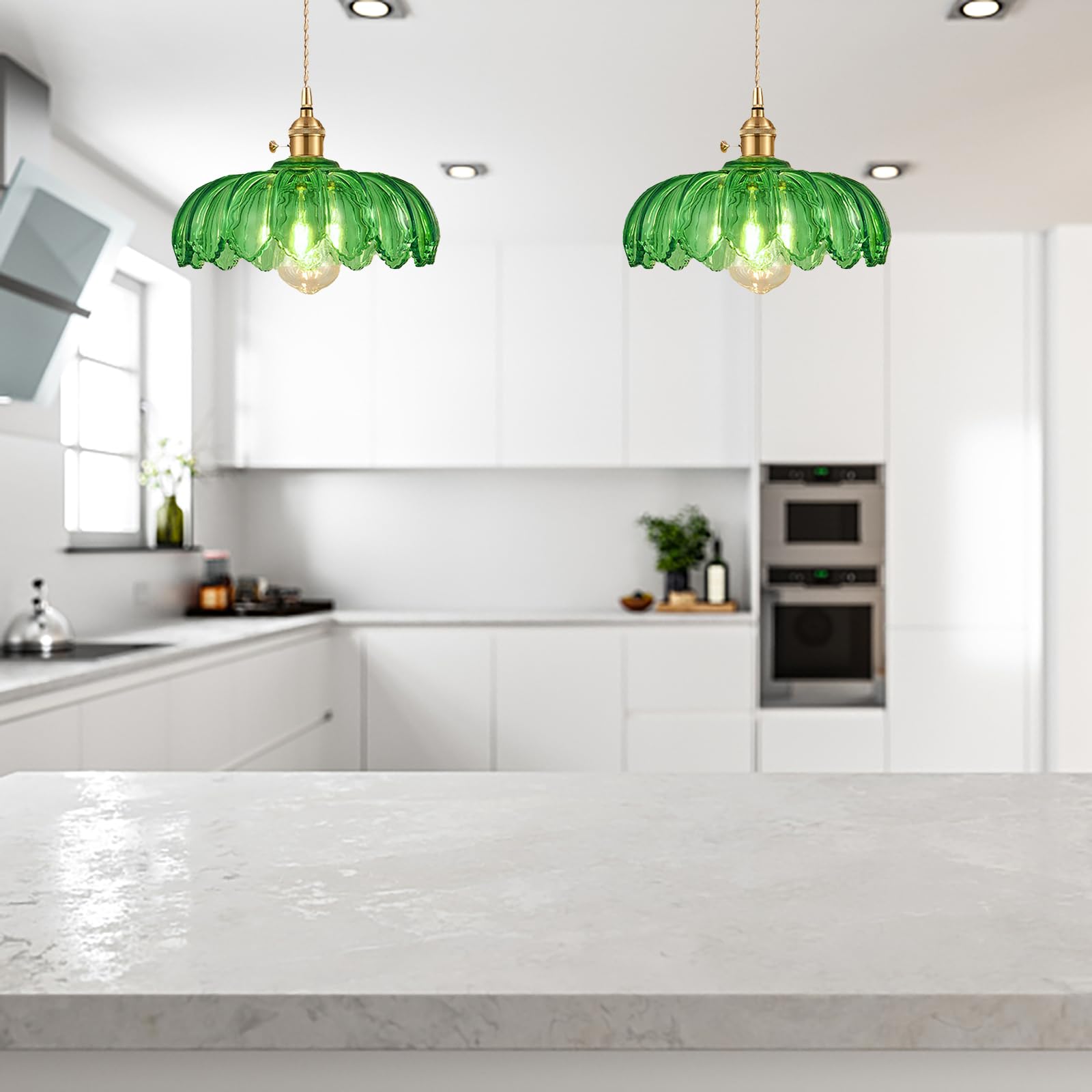 Grass Green Glass Pendant Light Fixtures Medium 9.8 Inches Lampshade Gold Brass Finish