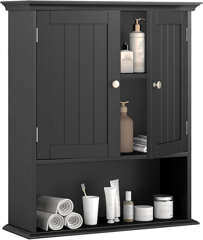 Bathroom Wall Cabinet, Wooden Hanging Storage with Doors & Shelves