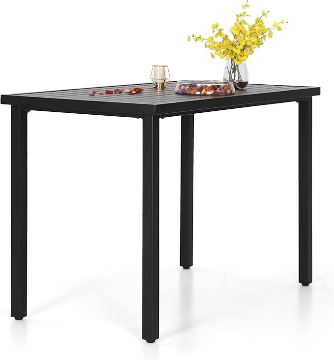 Outdoor Tall Bar Table, 55”x27” Counter Height Dining Table with Wood-Like Metal