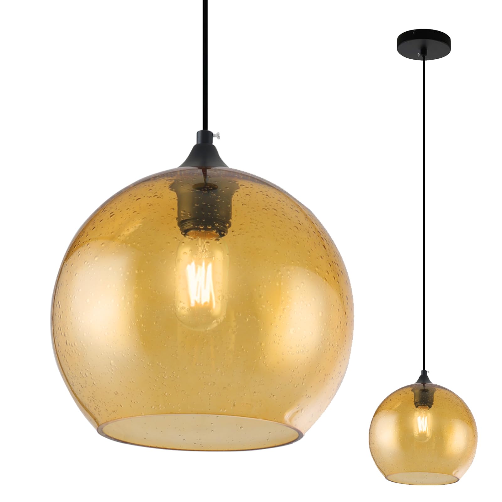 Amber Glass Pendant Ceiling Light Fixture Mid Century Modern Globe Hand Blown Glass