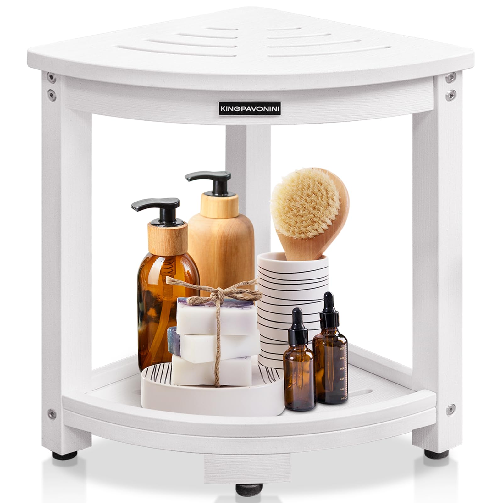 KingPavonini HDPS Shower Bench for Inside Shower Waterproof, Anti-Fading Corner Shower Stool for Shaving Legs, Anti-Fracture Shower Seat with Storage Shelf, Rapid Assembly, Load 400 Pounds