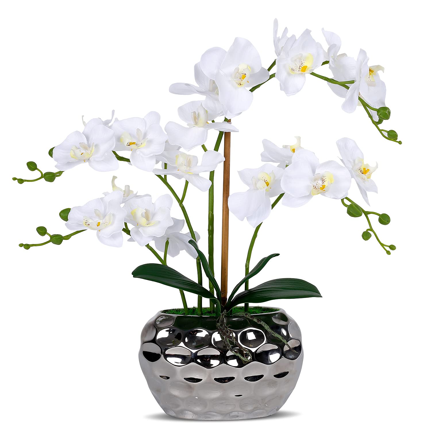 White Orchid Arrangement in Silver Vase Fake Orchids Arrangements Centerpiece Silk