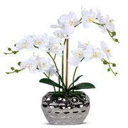 White Orchid Arrangement in Silver Vase Fake Orchids Arrangements Centerpiece Silk