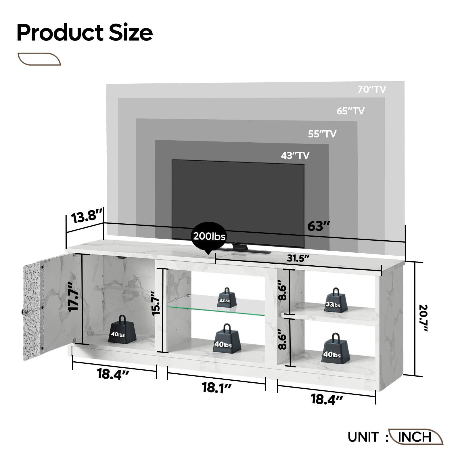 Pinmoco 63-Inch LED TV Stand for 70/55/65 Inch TV, White Gaming Entertainment Center with Cabinet, Modern Media TV Console with Adjustable Glass Shelves for Living Room, Bedroom, PS5, Xbox