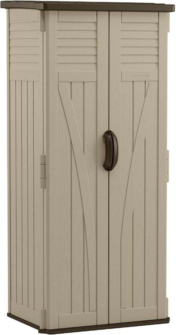 54 Cubic Feet Vertical Storage Shed with Durable Plastic Construction