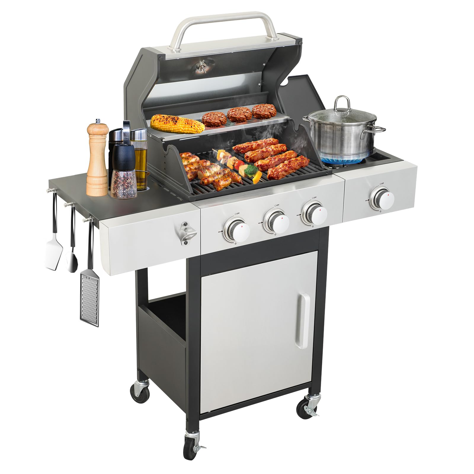 3 Burner Propane Gas BBQ Grill with Side Burner, Stainless Steel Outdoor Grill