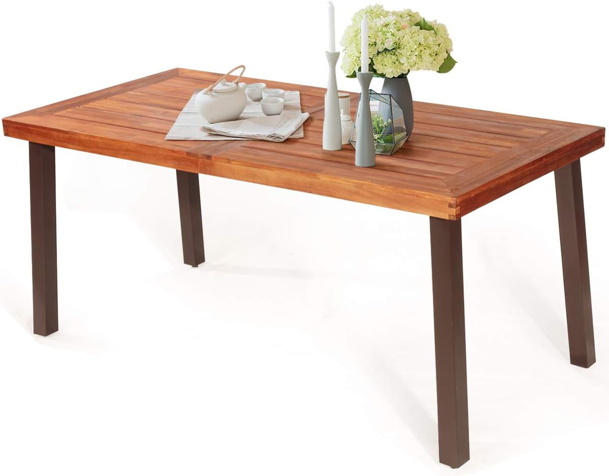 Patio Dining Table with Umbrella Hole, Outdoor Picnic Table for Backyard