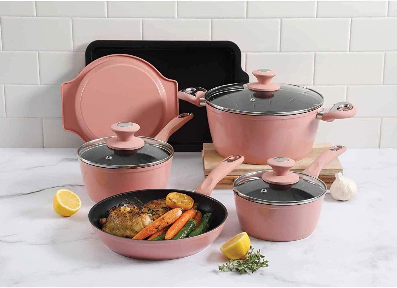 12 pc Dusty Rose Aluminum Cookware Combo Set - Nonstick - Induction Base