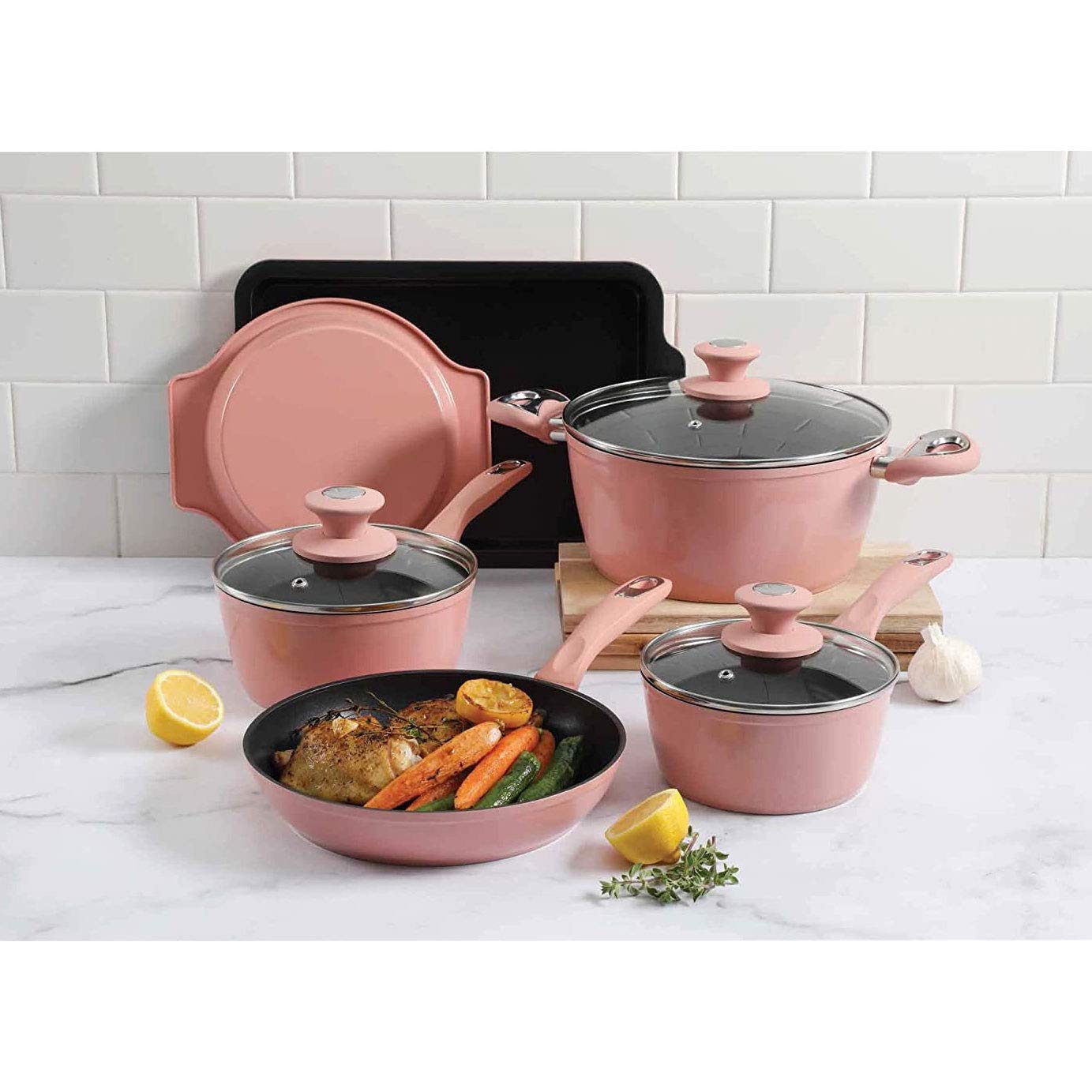 12 pc Dusty Rose Aluminum Cookware Combo Set - Nonstick - Induction Base