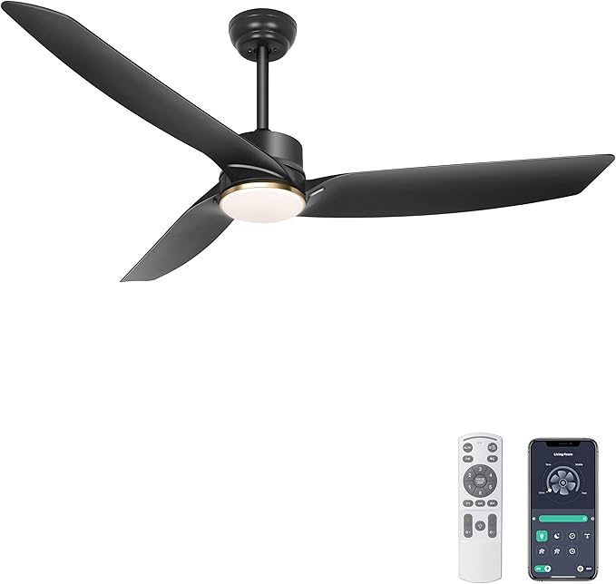 56 Inch Black Ceiling Fan with Lights, Modern 3 Blades Ceiling Fan with Remote/APP Control