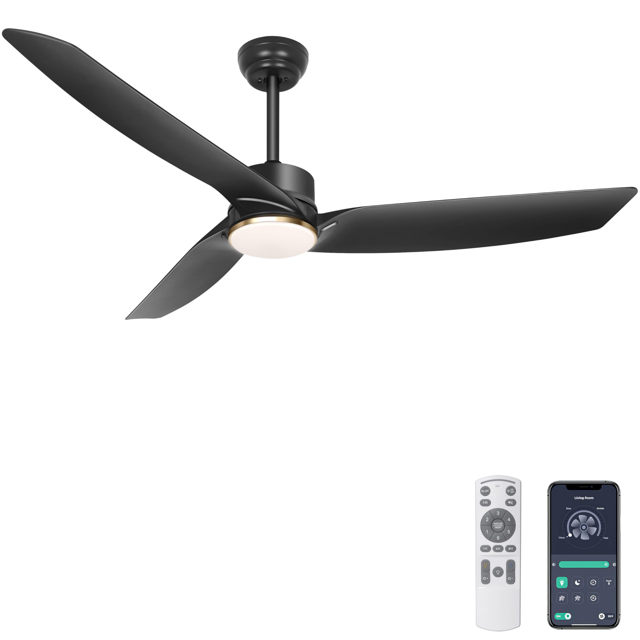 56 Inch Black Ceiling Fan with Lights, Modern 3 Blades Ceiling Fan with Remote/APP Control