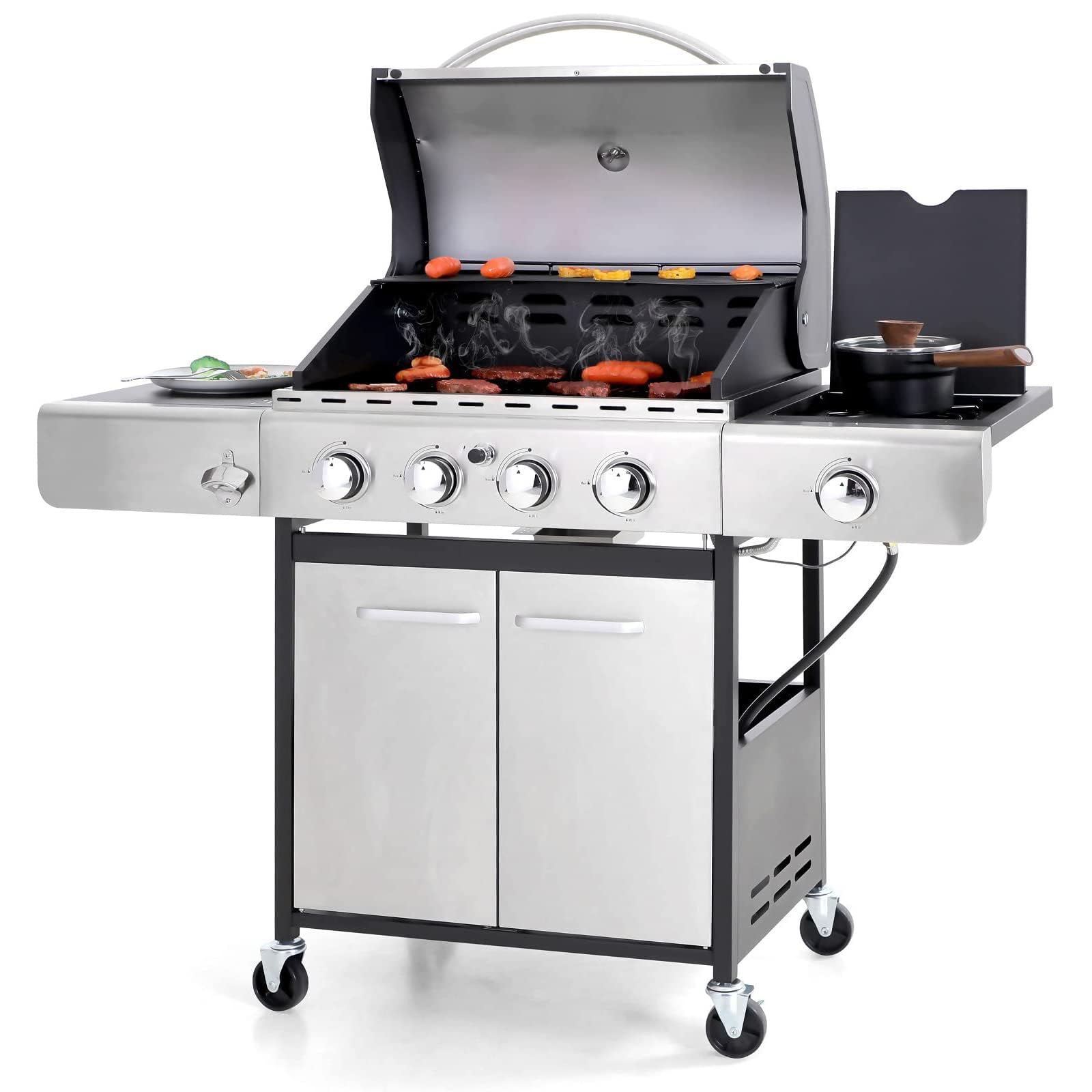 4-Burner Propane Gas BBQ Grill with Side Burner and Porcelain-Enameled Cast Iron Grates