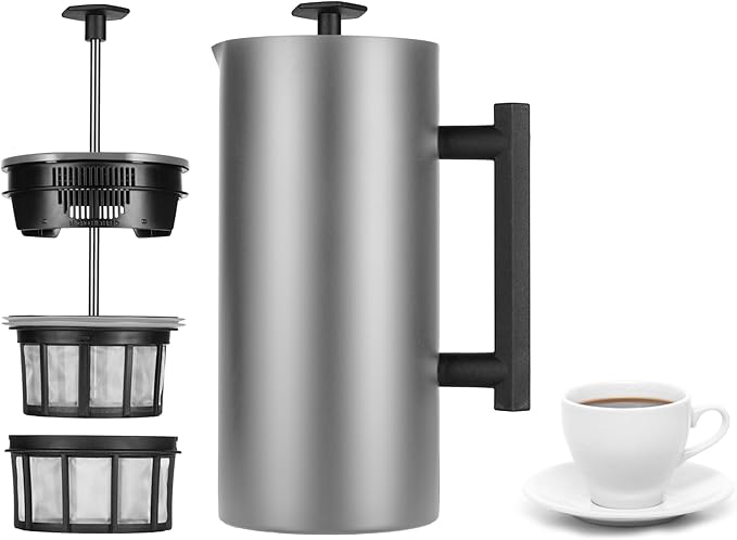 P6 32 Ounces French Press Coffee Maker, Double Walled Stainless Steel Insulated