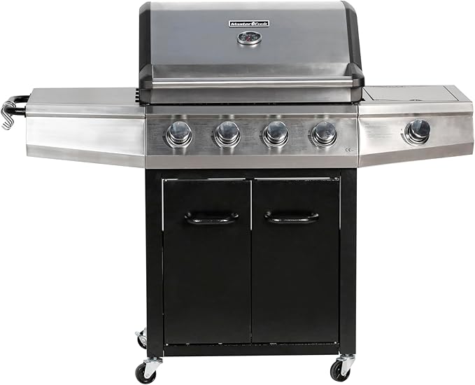 Gas Grill, BBQ 4-Burner Cabinet Style Grill Propane with Side Burner, Stainless Steel