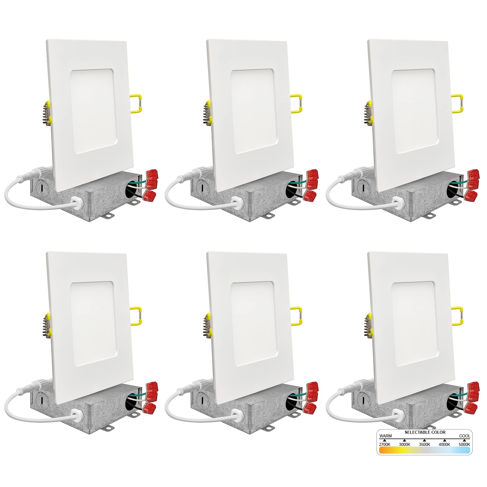 6 Pack 4 Inch Square Wafer LED Recessed Lighting, 5 CCT Selectable 2700K/3000K/3500K