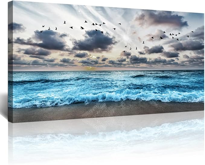 Framed Wall Art For Living Room Large Canvas Wall Decor For Office Blue Beach Painting