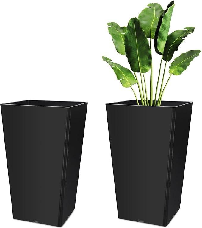Set of 2 16 Inch Large Taper Planters Outdoor Indoor Tall Resin Flower Pots with Drainage