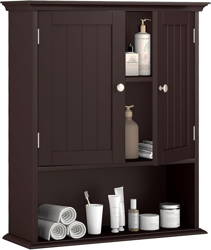 Bathroom Wall Cabinet, Wooden Hanging Storage with Doors & Shelves