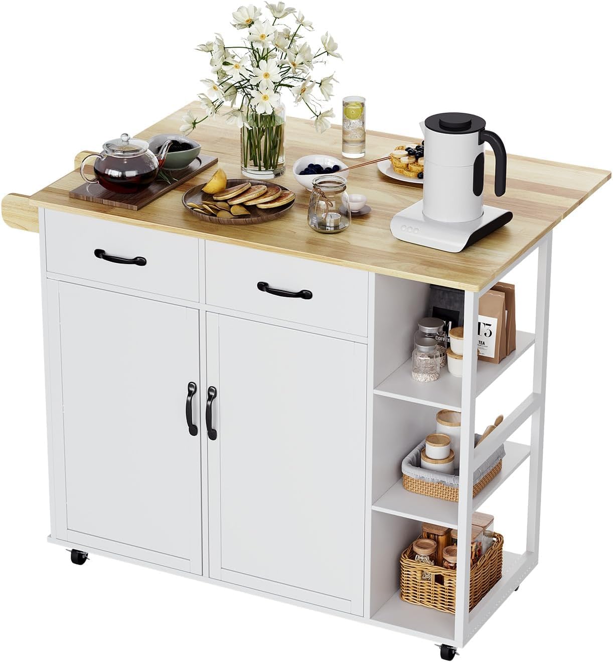 Rolling Kitchen Island with Storage, Portable Kitchen Island Cart with Drop Leaf Countertop