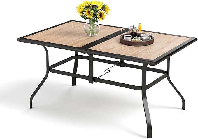 6-Person Outdoor Metal Steel Slat Dining Rectangle Table with Adjustable Umbrella Hole