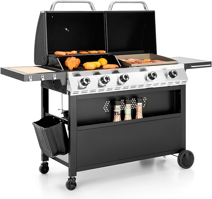 Charcoal and Propane Gas Grill Combo with Side Burner & Porcelain-Enameled Cast Iron