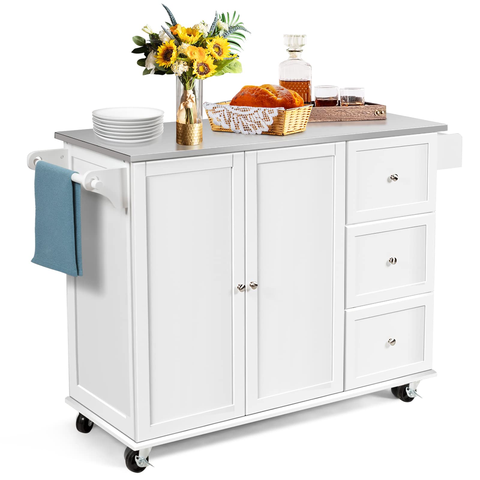 Island cart on Wheels, Mobile Serving Cart w/Stainless Steel Countertop