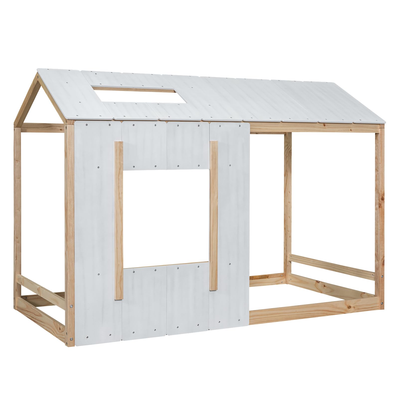 Bed Frame, Twin Size House Floor Bed Frame with Headboard, Roof and Window,