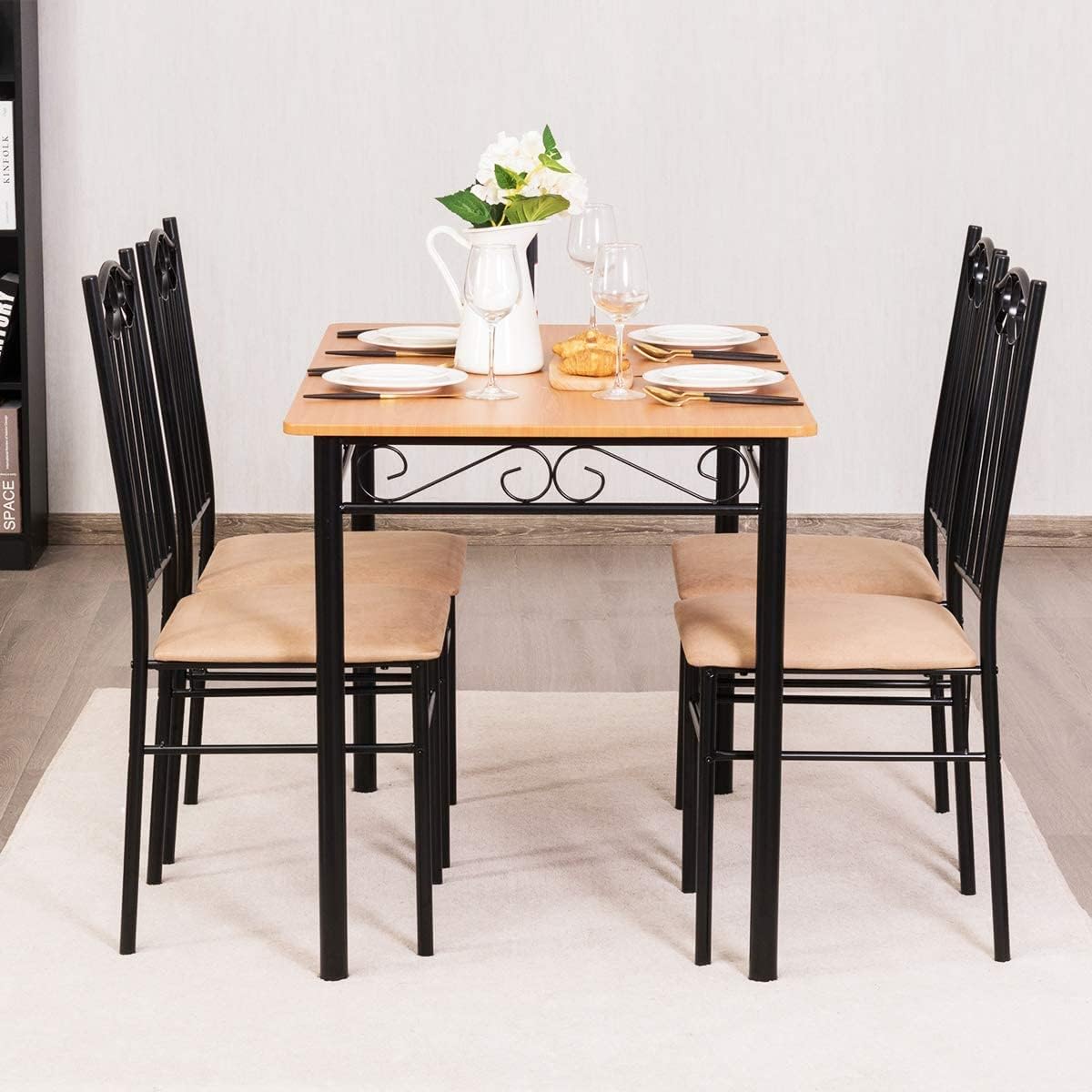 5-Piece Dining Table Set, Rectangular Dining Table with 4 Cushioned Chairs, Modern
