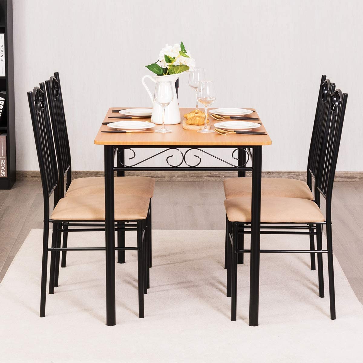 5-Piece Dining Table Set, Rectangular Dining Table with 4 Cushioned Chairs, Modern