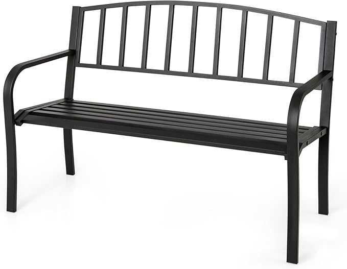 Outdoor Bench, 50” Patio Garden Bench with Steel Frame, Slat Design