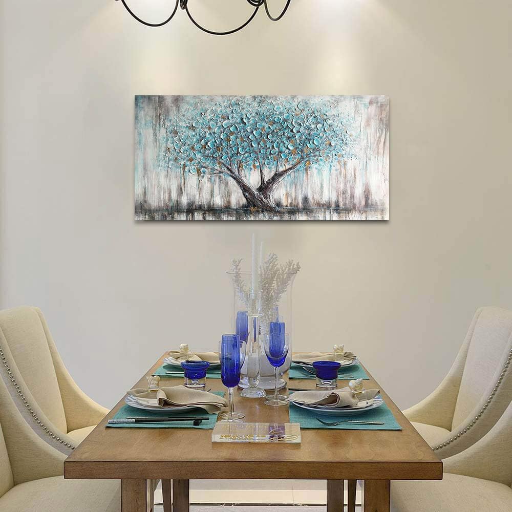 Tree Wall Art Teal Blue Nature Tree of Life Abstract Canvas Painting Textured Picture