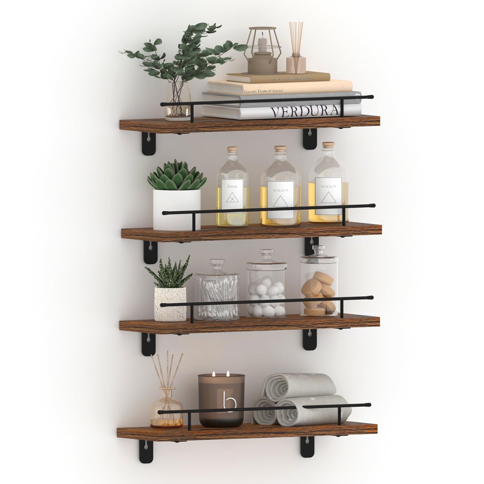CRUGLA Floating Shelves Wall Set of 4, Hanging Storage Wall Shelf with Metal Guardrail for Bathroom, Kitchen, Bedroom, Living Room