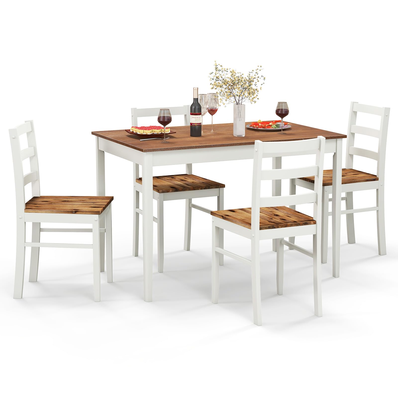 Dining Table Set for 4, Solid Wood, Farmhouse Dinette Set w/Rubber Wood Legs