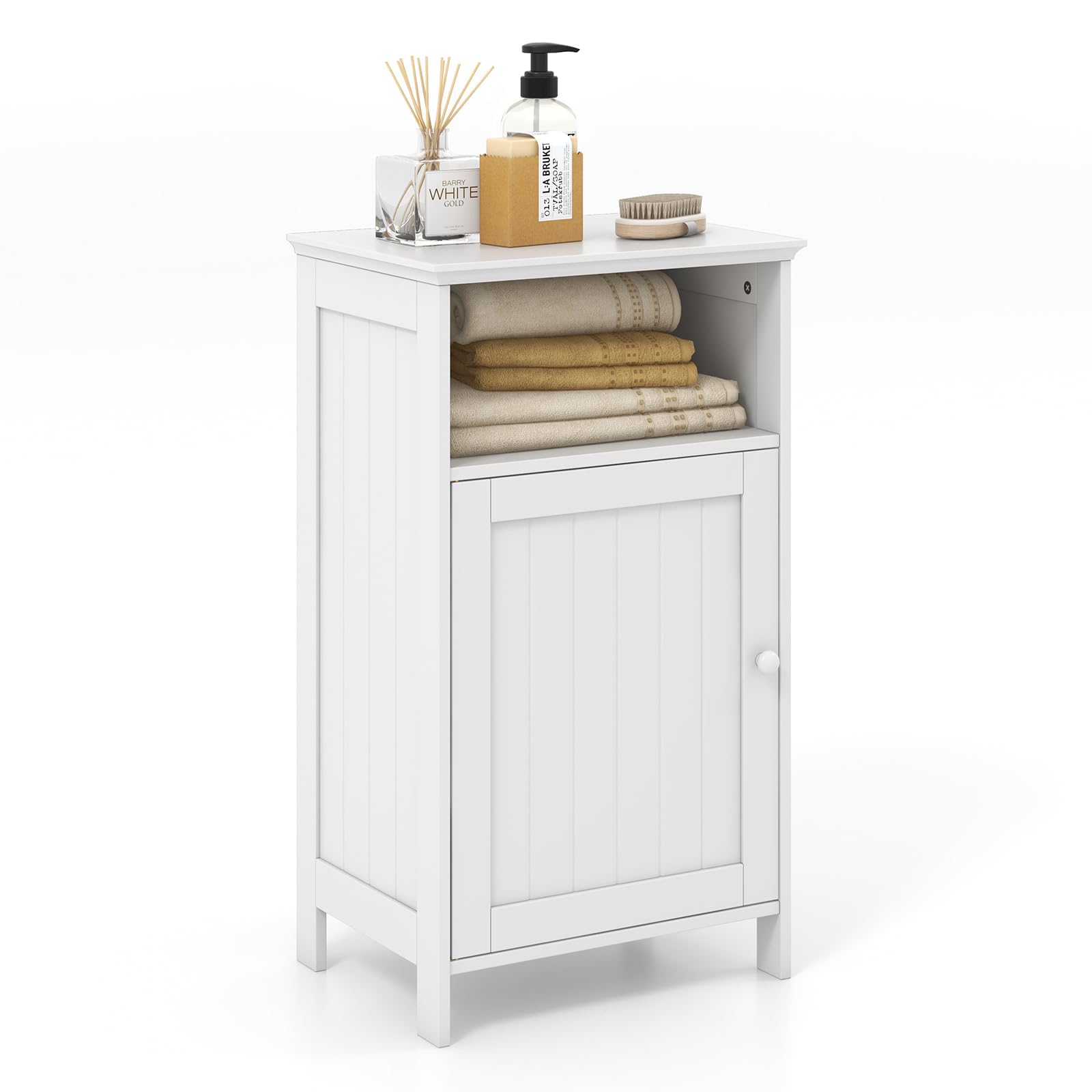 Bathroom Storage Cabinet, Wood Floor Side Cabinet with Doors, Adjustable Shelves