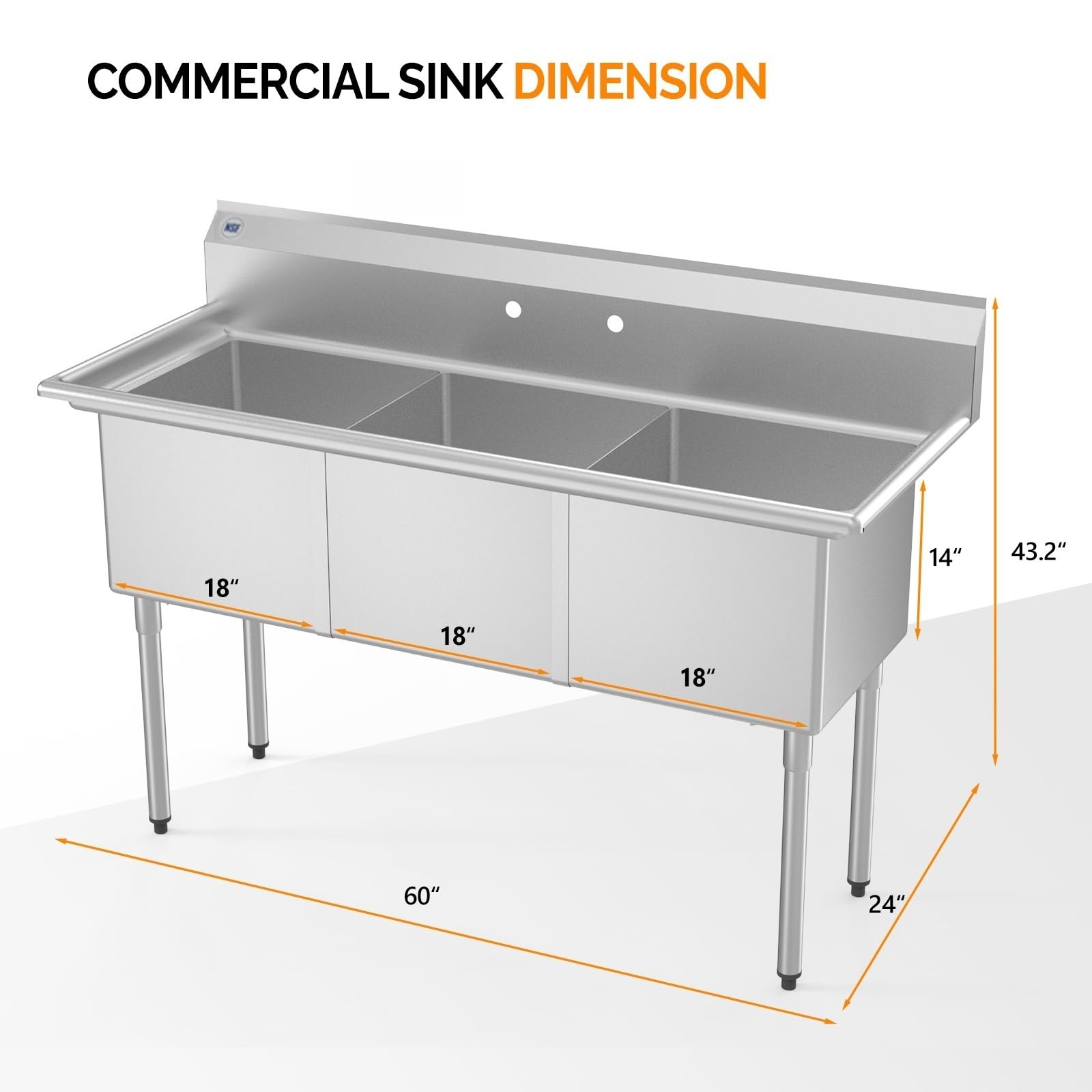Commercial 3 Bowls Utility Sink, 304 Stainless Steel