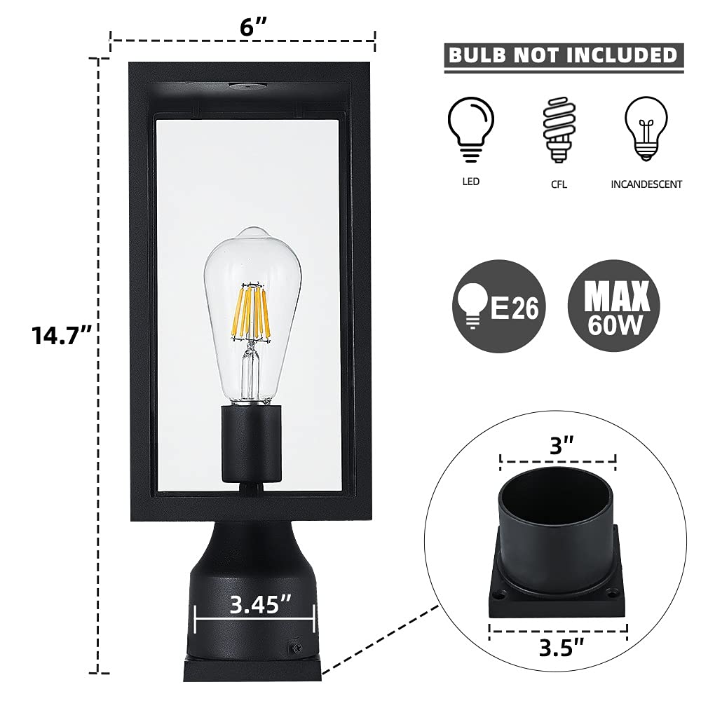 Windben Large 15 inch Outdoor Post Light,Waterproof Cast Aluminium Lamp Post Light Fixture,Post Lantern with Pier Mount Base,Matte Black,Suitable for Garden,Yard,Driveway,etc