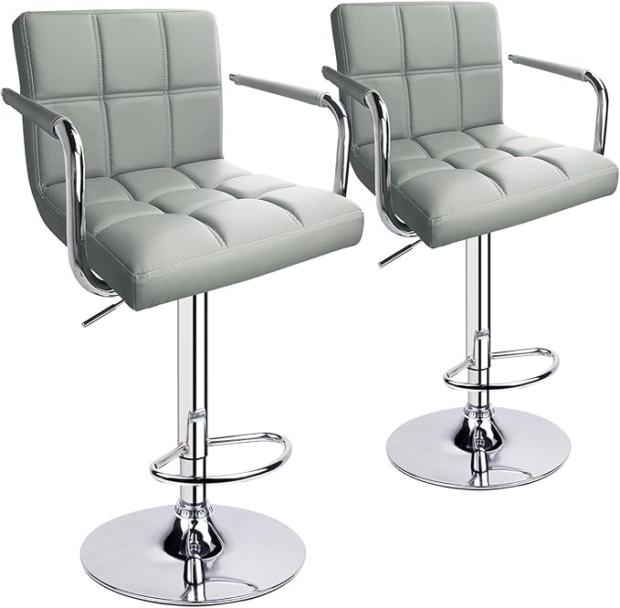 Adjustable Bar Stools with Armrest, Square Back Swivel Double Stitching