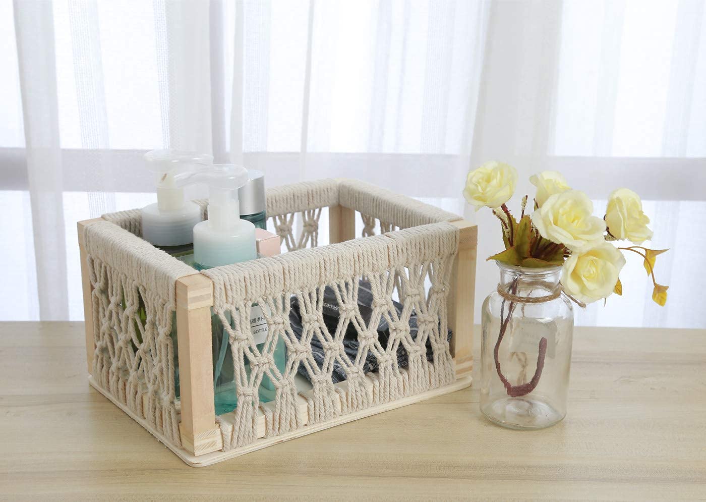Macrame Baskets for Storage Set of 3, White Decorative Storage Bin for Living Room