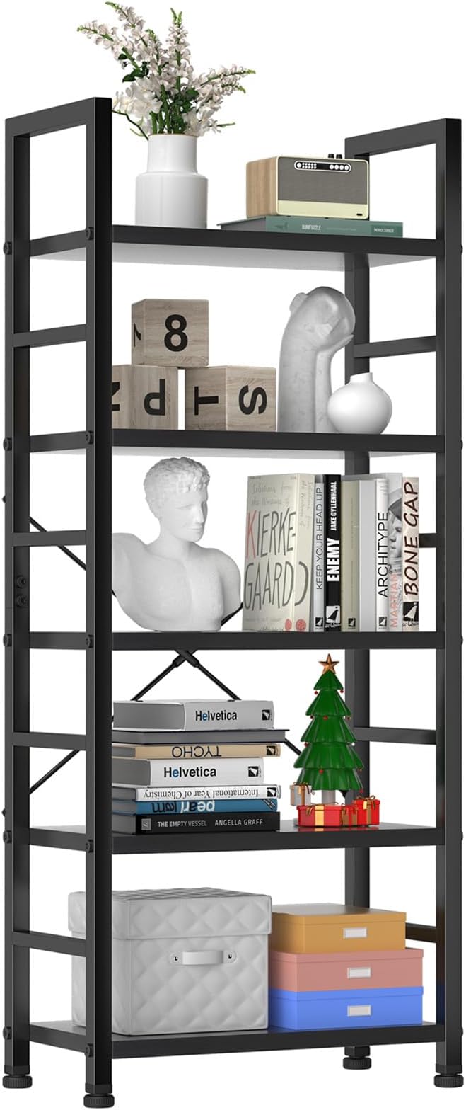 Book Shelf, 5 Tier Bookcase, Modern Tall Bookshelf for Garage Kit, CDs