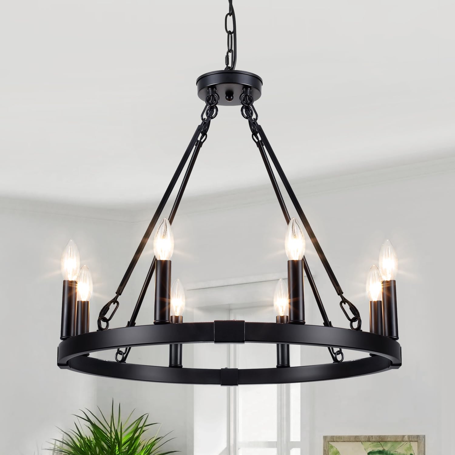 8-Light Wagon Wheel Chandelier, Black Farmhouse Chandelier for Dining Room