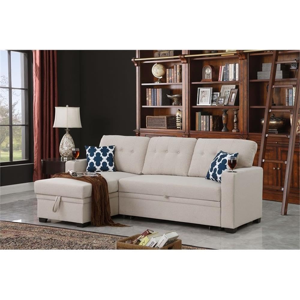 Reversible Fabric Sleeper Sofa Bed & Chaise with Cup Holder-Beige