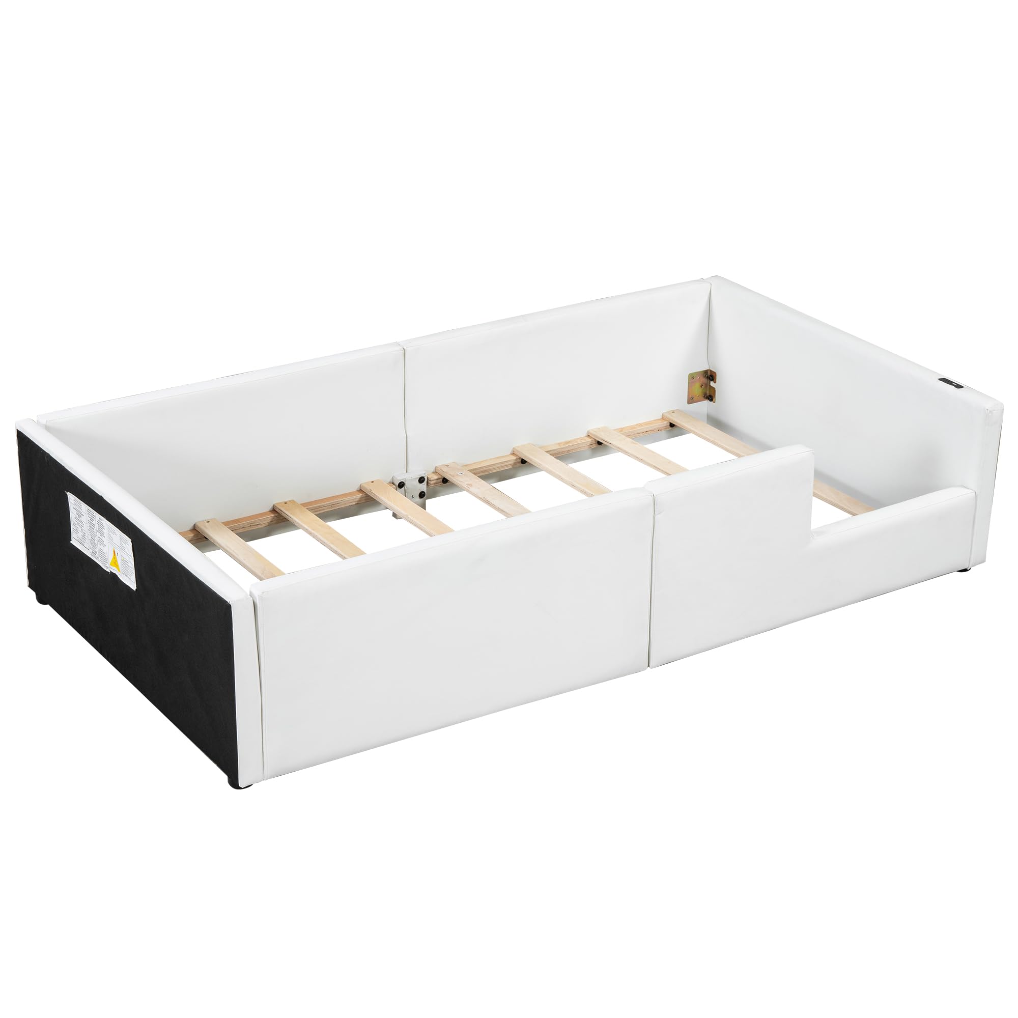 Twin Size Upholstered Floor Bed with Guardrail, Cute Platform Bed