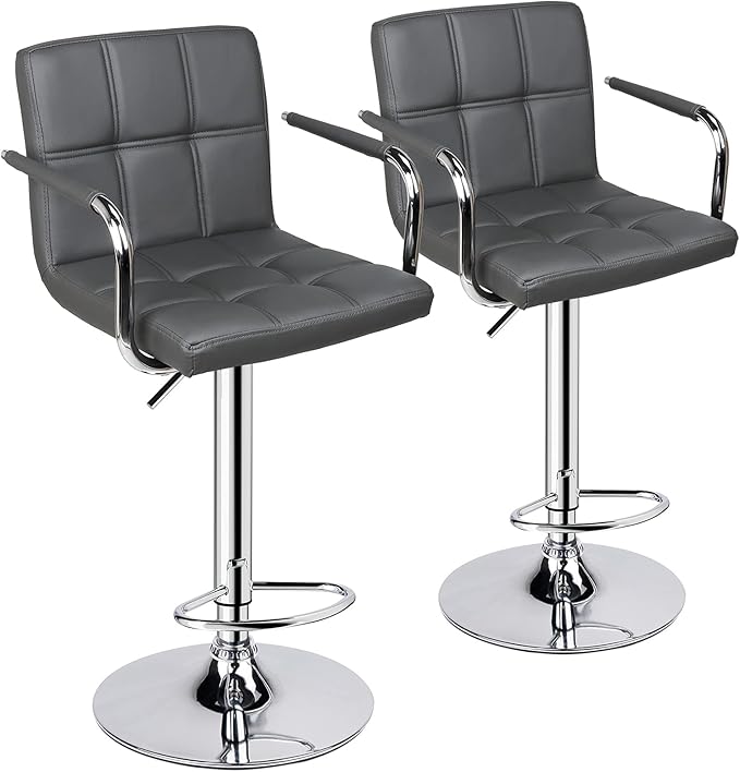 Adjustable Bar Stools with Armrest, Square Back Swivel Double Stitching