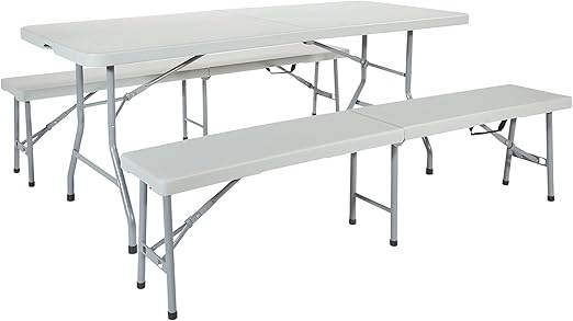 Office Star Resin 5-Piece Folding Square Table and Chair Set, Light Grey