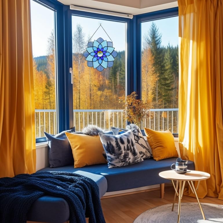 12 Inch Round Stained Glass Window Panel Tiffany Style Ornament Handmade Blue