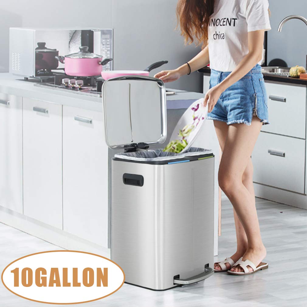 Kitchen Trash Can with Lid for Office Bedroom Bathroom Step Trash Bin Fingerprint-Proof Brushed Stainless Steel Trash Can 10 Gallon/ 40L