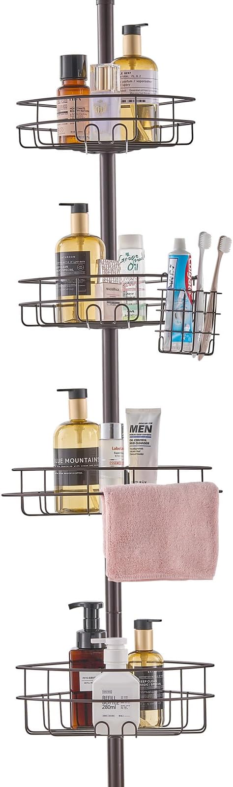 Shower Corner Caddy Tension Pole, 56" to 114" High, Multi-Functional Shower Tension Pole with Strong Load-Bearing Tray, Rust-Proof Easy-to-Install, Fit for Bathroom & Washroom