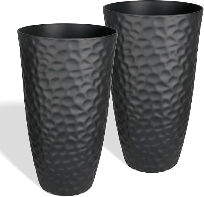 Garden 14" Dia x 24" H Large Plastic Planters with Drainage Hole, Set of 2 Hammered