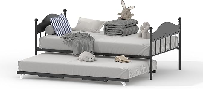 Daybed With Trundle, Metal Twin Size Day Bed With Stylish Headboard, Sofa Bed Frame